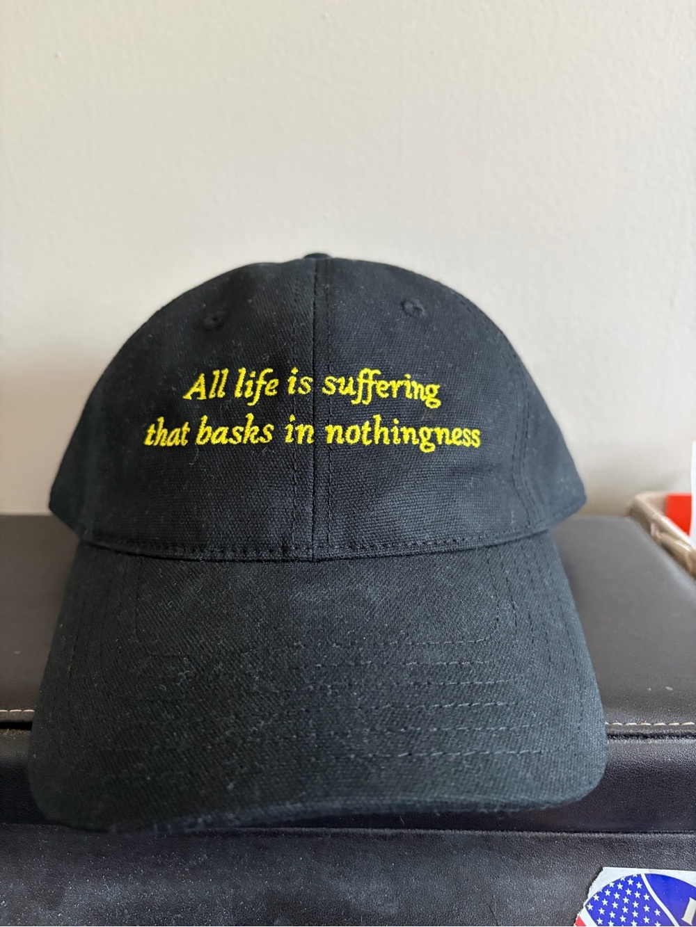 Black Blood Incantation Baseball Cap with Yellow Embroidered Quote